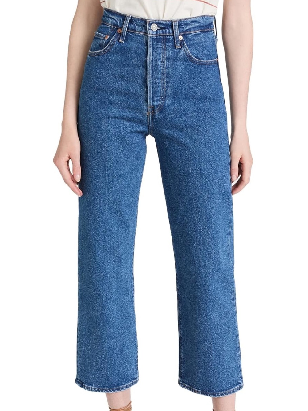 Levi's Ribcage Ankle in Jazz Pop - Mid Blue High-Rise Cropped Straight Jeans